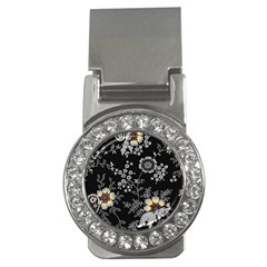 Black Background With Gray Flowers, Floral Black Texture Money Clips (CZ) 