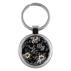 Black Background With Gray Flowers, Floral Black Texture Key Chain (Round)