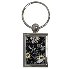 Black Background With Gray Flowers, Floral Black Texture Key Chain (Rectangle)