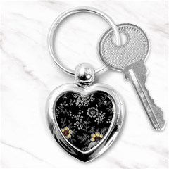 Black Background With Gray Flowers, Floral Black Texture Key Chain (Heart)