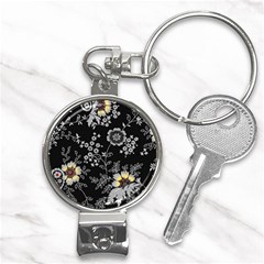 Black Background With Gray Flowers, Floral Black Texture Nail Clippers Key Chain