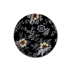 Black Background With Gray Flowers, Floral Black Texture Rubber Coaster (Round)