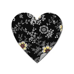 Black Background With Gray Flowers, Floral Black Texture Heart Magnet