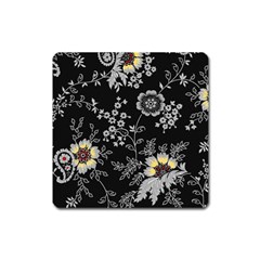 Black Background With Gray Flowers, Floral Black Texture Square Magnet