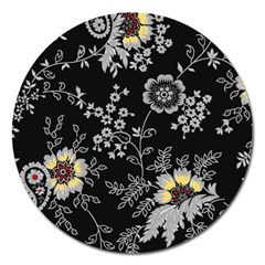 Black Background With Gray Flowers, Floral Black Texture Magnet 5  (Round)