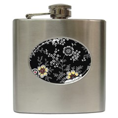 Black Background With Gray Flowers, Floral Black Texture Hip Flask (6 oz)