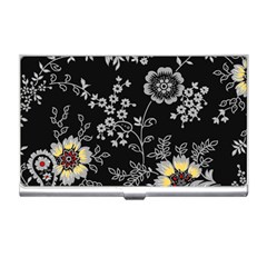 Black Background With Gray Flowers, Floral Black Texture Business Card Holder