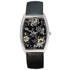 Black Background With Gray Flowers, Floral Black Texture Barrel Style Metal Watch