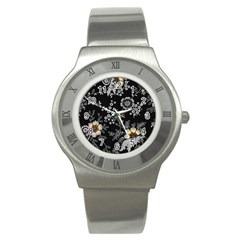 Black Background With Gray Flowers, Floral Black Texture Stainless Steel Watch