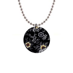 Black Background With Gray Flowers, Floral Black Texture 1  Button Necklace