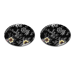 Black Background With Gray Flowers, Floral Black Texture Cufflinks (Oval)