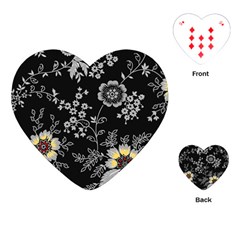 Black Background With Gray Flowers, Floral Black Texture Playing Cards Single Design (Heart)