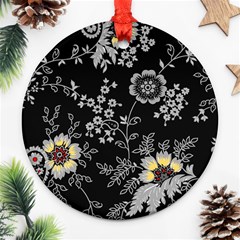 Black Background With Gray Flowers, Floral Black Texture Round Ornament (Two Sides)