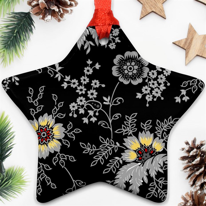 Black Background With Gray Flowers, Floral Black Texture Star Ornament (Two Sides)