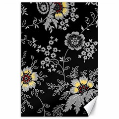 Black Background With Gray Flowers, Floral Black Texture Canvas 24  x 36 