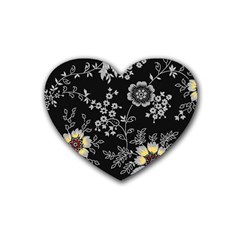 Black Background With Gray Flowers, Floral Black Texture Rubber Heart Coaster (4 pack)