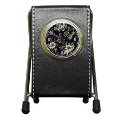 Black Background With Gray Flowers, Floral Black Texture Pen Holder Desk Clock by nateshop