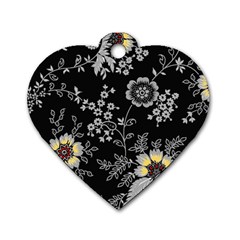 Black Background With Gray Flowers, Floral Black Texture Dog Tag Heart (Two Sides)