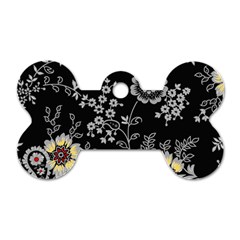 Black Background With Gray Flowers, Floral Black Texture Dog Tag Bone (One Side)