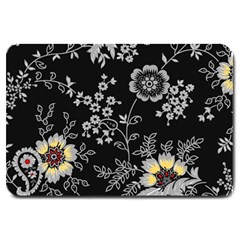 Black Background With Gray Flowers, Floral Black Texture Large Doormat