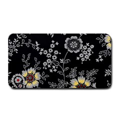 Black Background With Gray Flowers, Floral Black Texture Medium Bar Mat