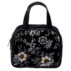 Black Background With Gray Flowers, Floral Black Texture Classic Handbag (One Side)