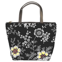 Black Background With Gray Flowers, Floral Black Texture Bucket Bag