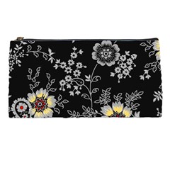 Black Background With Gray Flowers, Floral Black Texture Pencil Case by nateshop