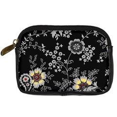 Black Background With Gray Flowers, Floral Black Texture Digital Camera Leather Case