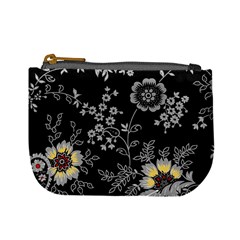 Black Background With Gray Flowers, Floral Black Texture Mini Coin Purse