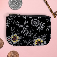 Black Background With Gray Flowers, Floral Black Texture Mini Coin Purse by nateshop