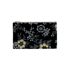 Black Background With Gray Flowers, Floral Black Texture Cosmetic Bag (Small)