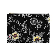 Black Background With Gray Flowers, Floral Black Texture Cosmetic Bag (Large)