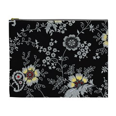 Black Background With Gray Flowers, Floral Black Texture Cosmetic Bag (XL)