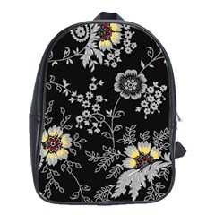 Black Background With Gray Flowers, Floral Black Texture School Bag (Large)