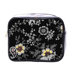 Black Background With Gray Flowers, Floral Black Texture Mini Toiletries Bag (One Side)