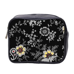 Black Background With Gray Flowers, Floral Black Texture Mini Toiletries Bag (Two Sides)