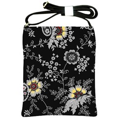 Black Background With Gray Flowers, Floral Black Texture Shoulder Sling Bag