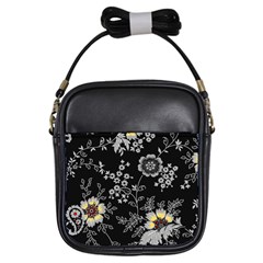 Black Background With Gray Flowers, Floral Black Texture Girls Sling Bag