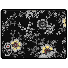 Black Background With Gray Flowers, Floral Black Texture Fleece Blanket (Large)