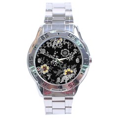 Black Background With Gray Flowers, Floral Black Texture Stainless Steel Analogue Watch