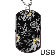 Black Background With Gray Flowers, Floral Black Texture Dog Tag USB Flash (One Side)