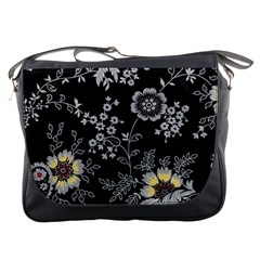 Black Background With Gray Flowers, Floral Black Texture Messenger Bag