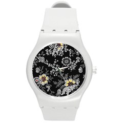 Black Background With Gray Flowers, Floral Black Texture Round Plastic Sport Watch (M)