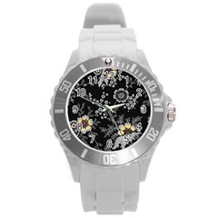 Black Background With Gray Flowers, Floral Black Texture Round Plastic Sport Watch (L)