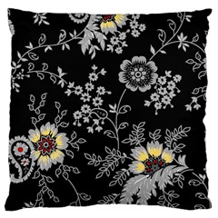 Black Background With Gray Flowers, Floral Black Texture Large Cushion Case (One Side)