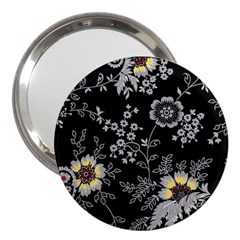 Black Background With Gray Flowers, Floral Black Texture 3  Handbag Mirrors