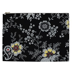 Black Background With Gray Flowers, Floral Black Texture Cosmetic Bag (XXL)