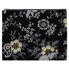 Black Background With Gray Flowers, Floral Black Texture Cosmetic Bag (XXXL)