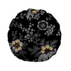 Black Background With Gray Flowers, Floral Black Texture Standard 15  Premium Round Cushions